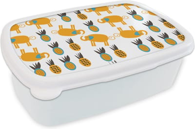 Broodtrommel Wit - Lunchbox - Brooddoos - Olifant - Ananas - Geel - Patroon - 18x12x6 cm - Volwassenen