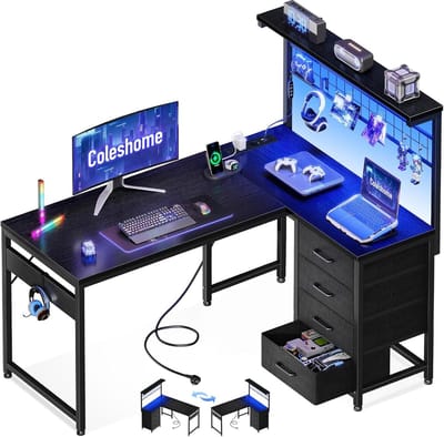 Gaming Bureau Hoekbureau met RGB Verlichting - Omkeerbaar L-vormig Bureau met 4 Laden, USB en Stopcontacten - Opbergrek en Hoofdtelefoonhaak - Computerbureau voor Gamen, Thuiswerken en Studeren - 110 x 80 x 134,4 cm