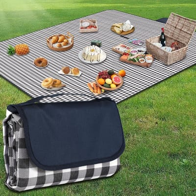 Comfortabele picknickdeken, 200 x 200 cm grote stranddeken, campingdeken, met handvat, waterdichte bodem, machinewasbaar, opvouwbare wandeldeken voor buiten, zacht en draagbaar (Blue Grid)