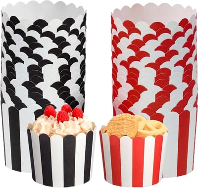 Papieren Muffinvormpjes voor Bakken, 100 Stuks, Gestreepte Cupcake Cups voor Feestjes, Bruiloften en Verjaardagen, Zwart en Rood