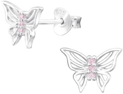 Joy|S - Zilveren vlinder oorbellen - 9.4 x 7 mm - roze zirkonia - sterling zilver 925