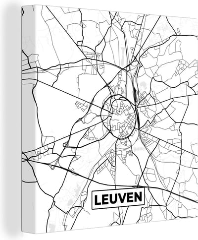 Canvas Schilderij Kaart – Plattegrond – Stadskaart – Leuven – België – Zwart Wit - 20x20 cm - Wanddecoratie