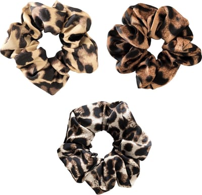 Scrunchie kraagjeskopen.nl - panterprint beige bruin lichtbruin satijn exclusief haarwokkel haarelastiek - 3 stuks - extra groot - scrunchies