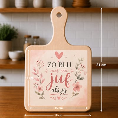 Kaasplank met Tegel Zo Blij met een Juf als Jij – Bedankcadeau Juf – Houten Serveerplank 18x31 cm met Tegel 15x15 cm