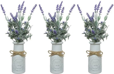 Lavendel kunstplant - 6x stuks - in witte pot - paars - H32 cm - lavandula