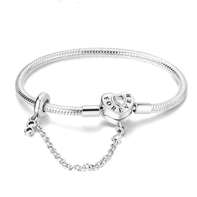 Fler® | Bedelarmband met Hartslot ‘Forever’ & Veiligheidsketting | Zilveren armband | 925 sterling zilver | geschikt voor alle populaire bedel collecties (standaard - 3mm) | Vlinder sluiting | Elegante dames armband | 20cm | Valentijnsdag Cadeau