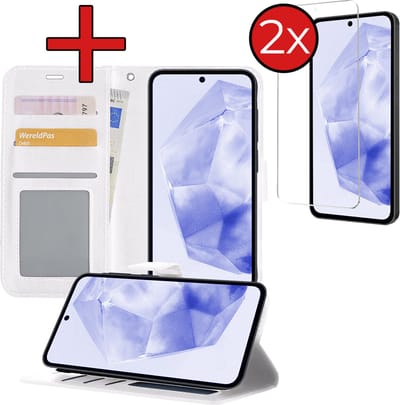 Hoesje - Met 2x Screenprotector - Geschikt voor Samsung Galaxy A35 - Luxe Pasjeshouder - Flip Case - Bookcase Portemonee - Kunstleer Book Case - Flipcase Hoes - Book Cover - Walletcase - Portemonneehoes - Telefoonhoes - Wit