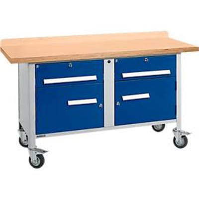 Mobiele werkbank Schäfer Shop Select PWi 150-0, multiplex beuken blad, tot 400 kg, B 1500 x D 700 x H 840 mm