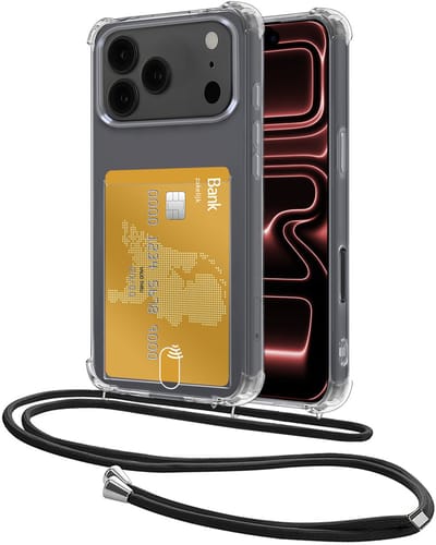 Hoes Geschikt voor Apple iPhone 17 Pro Hoesje Pasjeshouder Cover Met Koord Shock Proof Case Siliconen Hoes Met Telefoonkoord en Kaarthouder - Transparant