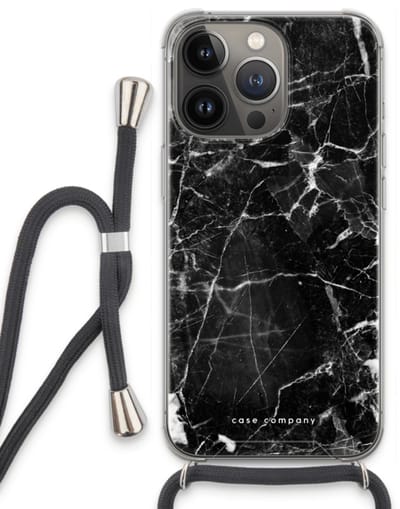 Case Company® - Hoesje met koord geschikt voor iPhone 13 Pro hoesje met Koord - Zwart Marmer - Telefoonhoesje met Zwart Koord - Bescherming aan alle Kanten en Over de Schermrand