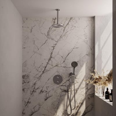 Brauer Brushed Edition thermostatische inbouw regendouche 3-weg rond SET 83 met 20 cm douchekop en plafondarm en 3-standen handdouche en doucheslang en wandaansluitbocht RVS geborsteld PVD