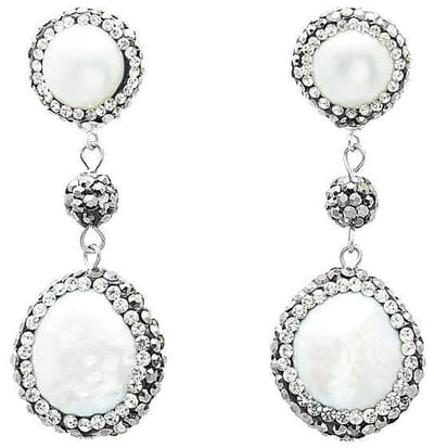 Zoetwater parel oorbellen Bright Pearl Dangling Coin - oorstekers - echte parels - zilver -wit - zwart - stras steentjes - parel oorbellen dames - parel oorknopjes - sieraden doosje