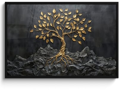 Poster in lijst - Fotolijst 120x80 cm - Posters - Bladeren - Goud - Boom - Rots - Posterlijst zwart - Decoratie - Wanddecoratie woonkamer - Muurdecoratie slaapkamer