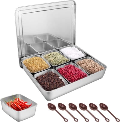 RVS Specerijcontainer met Deksel, 6 Verwijderbare Compartimenten, Multifunctionele Voedselopslag en Snack Organizer voor Keuken en Kruidenset
