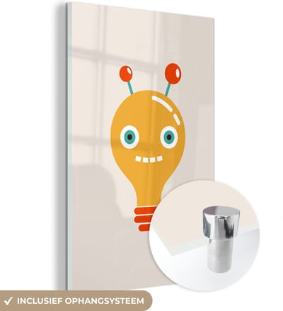 MuchoWow® Glasschilderij 120x180 cm - Schilderij acrylglas - Robot - Gloeilamp - Gezicht - Antenne - Kinderen - Foto op glas - Schilderijen