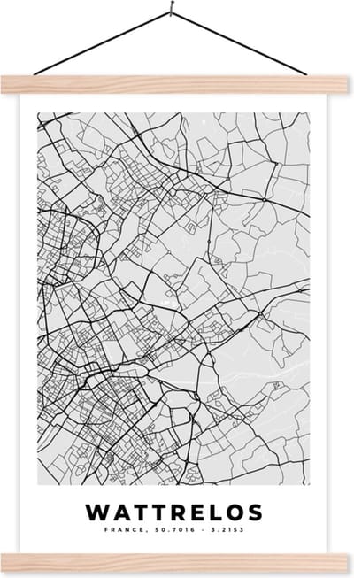 Posterhanger incl. Poster 40x60 cm - Schoolplaat - Wattrelos - Plattegrond - Frankrijk - Kaart - Stadskaart - Textielposter - Blanke latten - Stadskaart