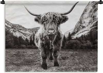 Wandkleed - Wanddoek - Berg - Zwart - Wit - Schotse Hooglander - 120x90 cm - Wandtapijt