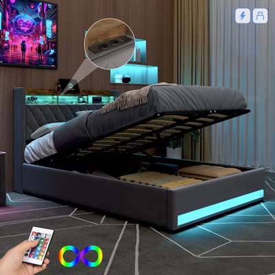 MIVRAY Polsterbed 140x190 cm - Opbergruimte - LED-Licht - USB Poort - Veilig Ontwerp - Grijs - Samt + Metaal