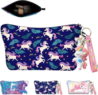 Reis Make-up Tas Set met Sleutelhanger en Cartoon Ontwerp - Unicorn Make-up Tas voor Meisjes en Vrouwen, Perfecte Cadeau Ideeën voor Verjaardagen en Feestdagen