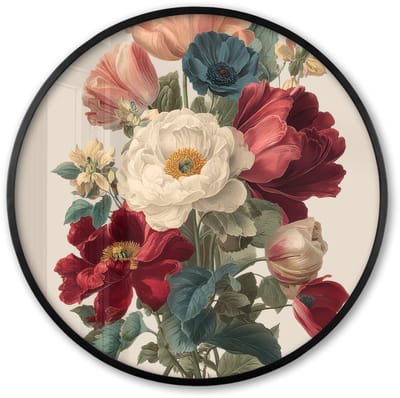 Poster in lijst Rond - Fotolijst 60x60 cm - Posters - Boeket - Warme tinten - Elegant - Ronde posterlijst zwart - Decoratie - Wanddecoratie woonkamer - Muurdecoratie slaapkamer