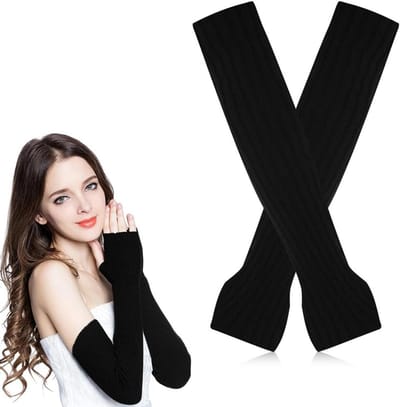 Lange Vingerloze Handschoenen voor Dames, Gebreide Armwarmers voor de Winter, Zachte en Rekbare Warmers in Zwart