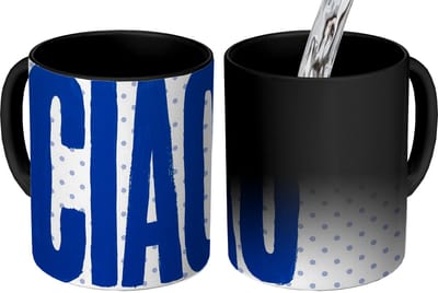 Magische Mok - Foto op Warmte Mokken - Koffiemok - Ciao - Blauw - Stippen - Magic Mok - Beker - 350 ML - Theemok - Mok met Tekst
