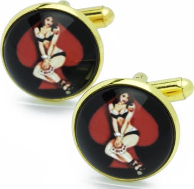 Manchetknopen - Pin-up Girl Zwart met Rode Kaarten Goudkleurig