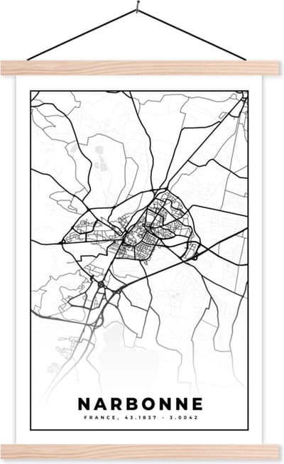 Posterhanger incl. Poster 40x60 cm - Schoolplaat - Plattegrond - Narbonne - Kaart - Frankrijk - Stadskaart - Zwart wit - Textielposter - Blanke latten - Stadskaart