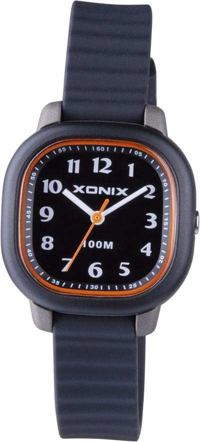Xonix ABF-007 - Horloge - Analoog - Kinderen - Unisex - Siliconen band - ABS - Vierkant - Cijfers - Zwart - Grijs - Oranje - Waterdicht - 10 ATM