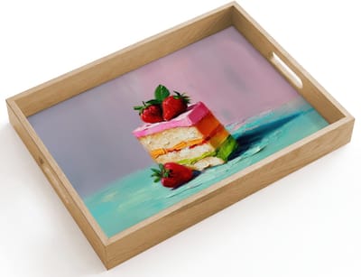 Dienblad hout 40x30 cm - Schootdienblad - Taartje - Aardbeien - Glazuur - Kleurrijk - Borrelplank rechthoek - Plateau dienbladen