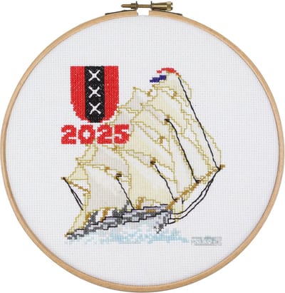 Pako Borduurpakket - tel patroon met codekaart-Jubileum Sail en Amsterdam - 212.361- voorgesorteerd garen - Aida wit - 20 cm rond - DIY kit-