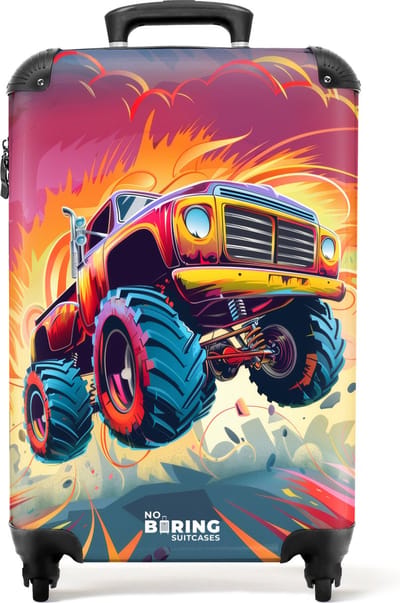 NoBoringSuitcases.com® - Kinderkoffer - Kindertrolley - Roze monstertruck vliegt over het asfalt - Handbagage koffer lichtgewicht - Reiskoffer trolley - Rolkoffer met wieltjes - Past binnen 55x40x20 en 55x35x25