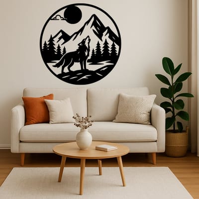 Wolf in Cirkel Wanddecoratie Hout – Natuur Muurdecoratie – Lasergesneden Dieren Design – Stoer Cadeau voor Natuurliefhebber – Woonkamer & Kantoor Decor – 70 cm Breed