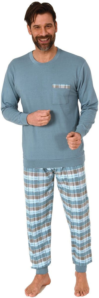 Herenpyjama met manchetten en geruite jersey broek