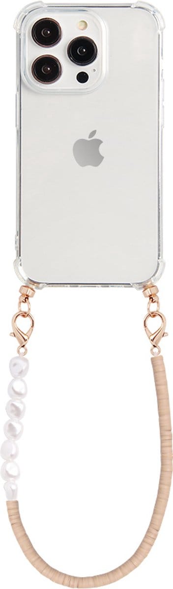 Casies hoesje geschikt voor Apple iPhone 13 Pro met koord - Parel en Bruine Kralen Mix Ketting - Short Size - Cord Case Pearl Nude Brown