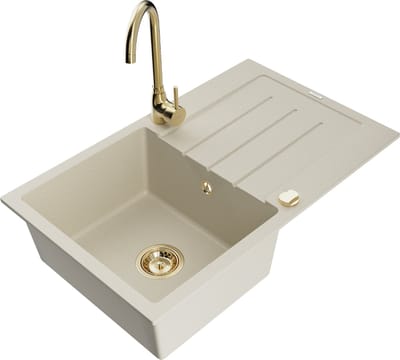 Mexen Bruno granieten gootsteen met 1 bak, afdruipplaat en Telma keukenkraan, beige - 6513-69-670200-50