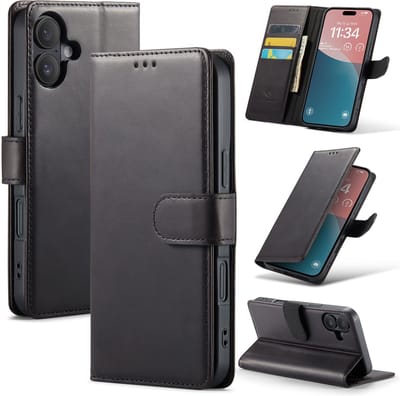 Casemania Echt Leren Hoesje Geschikt voor Apple iPhone 16 Plus - Zwart - Leer Wallet Bookcase - Portemonnee Telefoonhoesje met Pasjeshouder