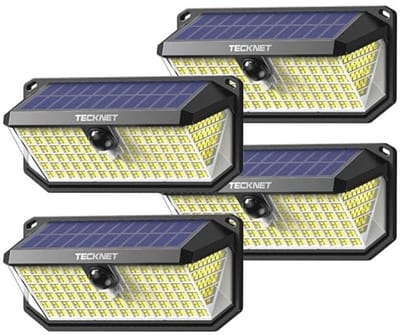 TECKNET 4200Lm 416 LED Solar Motion Lights Outdoor Waterdicht, 300 ° Hoek & 3 Verlichtingsmodi Bewegingssensor Licht Buiten, 4 Pack Beveiliging Zonne Lichten IP66 voor Hek Voordeur Yard Deck Tuin
