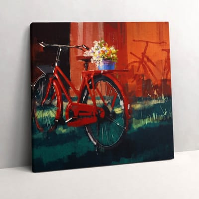 Wallfluent Foto Op Canvas Een fiets met een bloemstuk - 60 x 60 cm - Rood Schilderij Op Canvas - Voertuigen Foto Canvas - Imitatie van een olieverfschilderij Print Op Doek - Kunst Schilderij Canvas
