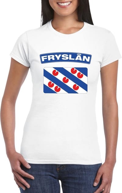 Vlag Friesland t-shirt - wit - met vlag van het land print - voor dames - korte mouwen - supporters S