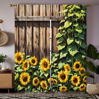 2 pièces Rideau décoratif d'été tournesol HD pour porte en bois Rideau décoratif jaune Rideau jaune imprimé numériquement Décoration de la maison W52H63inchW132H160cm black