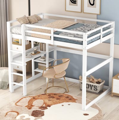 MEUNIQ Hoogslaper 140 x 200 cm met bureau en 4 opbergvakken wit