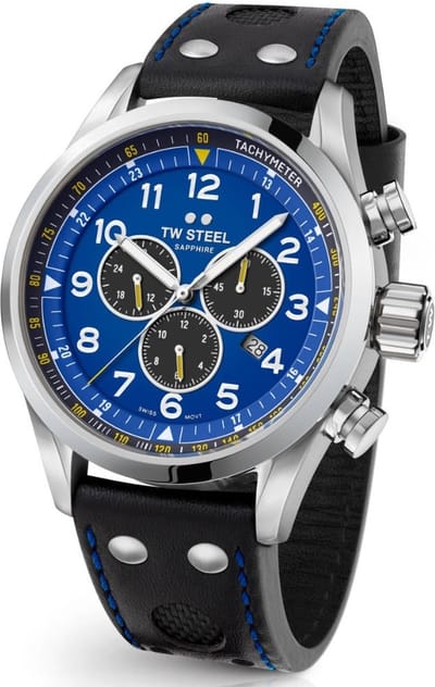 TW Steel SVS305 Horloge, FIA Special edition Petter Solberg, 48mm Volante Swiss Movement, Chrono, zwart met blauw sticksel Kalfs lederen band, sapphire glas.