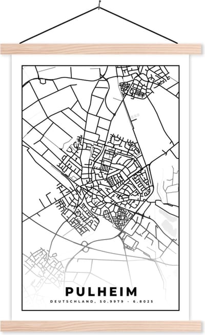 Posterhanger incl. Poster 40x60 cm - Schoolplaat - Kaart - Pulheim - Stadskaart - Plattegrond - Textielposter - Blanke latten - Stadskaart