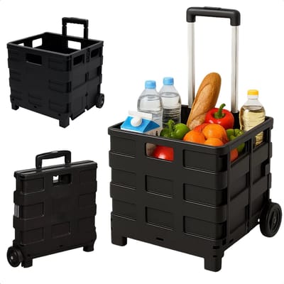 Lomera Opvouwbare Krat - Boodschappenkrat Op Wielen - Trolley Met Wielen - Uitschuifbare Trekstang - 30 Liter Inhoud - Zwart - Kunststof Krat - Vergrendelingsclips - 2 Wielen - Maximaal - Lichtgewicht Trolley - Boodschappenwagen