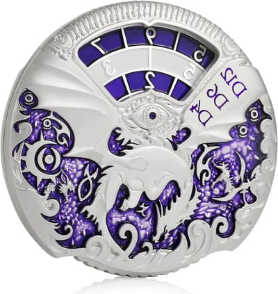 Dungeons and Dragons Roulette Spinner Dobbelstenen Set - 7-in-1 Metalen D&D Dobbelstenen met Luxe Cadeaubox voor Tafelspellen en Rollenspellen (Zilver met Paars)