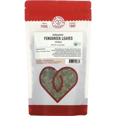 Pure Indiase Voedingsmiddelen, Biologische Fenegriekbladeren, Hele Bladeren, 36g (1,3 oz)