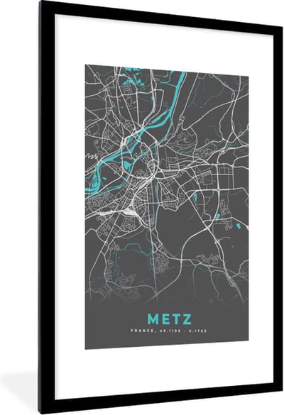 Fotolijst incl. Poster - Metz - Frankrijk - Plattegrond - Kaart - Stadskaart - 60x90 cm - Posterlijst