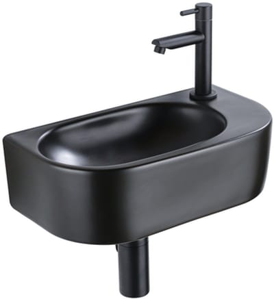 QeramiQ Fuente Fonteinset - 40x21.5x12cm - rechts - glad - halfrond - 1 kraangat - keramiek - fonteinkraan zwart mat - afvoerplug - verlaagd sifon - zwart mat