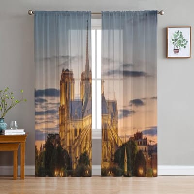 Beroemde Notre Dame Kathedraal In Parijs Bij Zonsopgang Chiffon Transparante Gordijnen voor Woonkamer Slaapkamer Decoratie Raam Voiles Tule Gordijn 135W x 114H(cm) gray